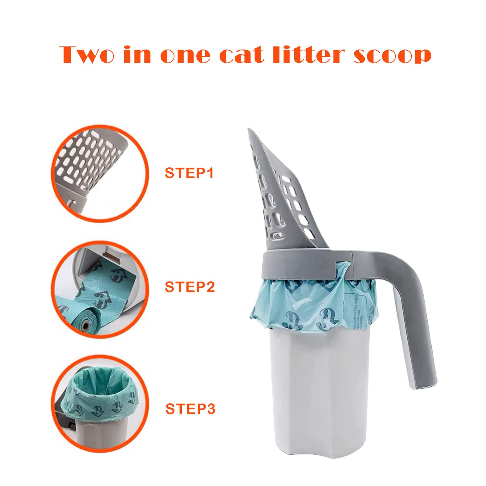 Cat Litter Scoop Detachable Deep Shovel Holder with Poop Sifting ,120 Bin Bags
